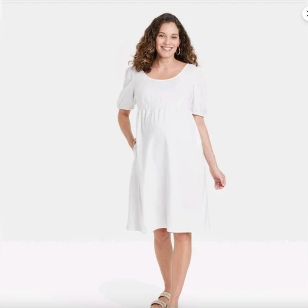 Puff Short Sleeve Linen Midi Maternity Dress - Ingrid and Isabel Maternity M